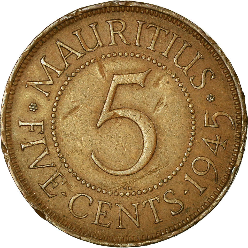 Moneta, Mauritius, George VI, 5 Cents, 1945, Pretoria, BB, Bronzo, KM:20