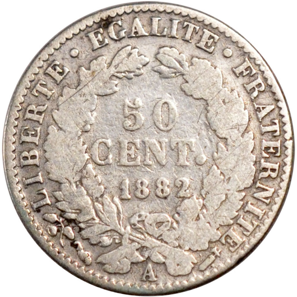 FRANCE, Cérès, 50 Centimes, 1882, Paris, KM #834.1, VF(20-25), Silver, 18, G...