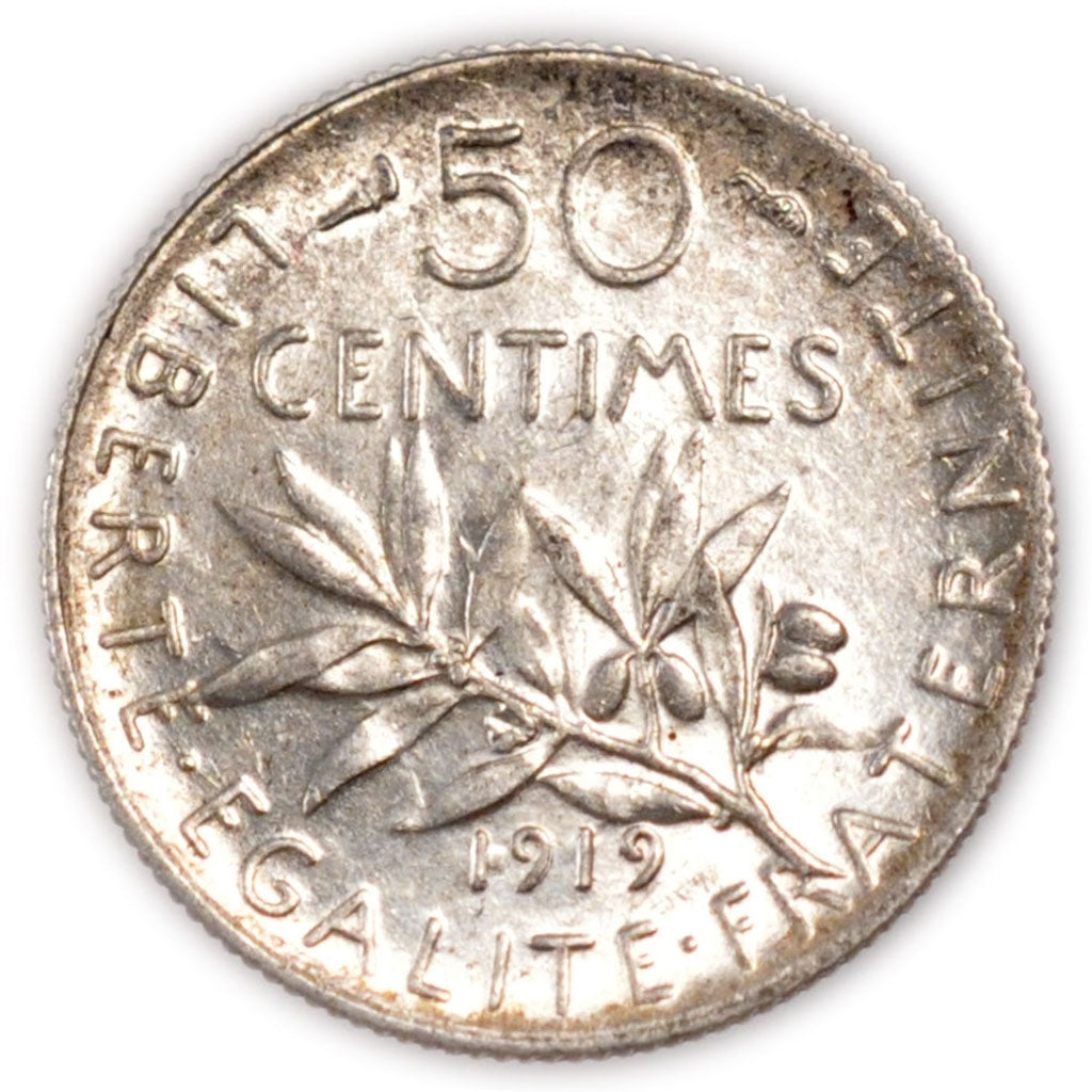 FRANCE, Semeuse, 50 Centimes, 1919, Paris, KM #854, MS(60-62), Silver, 18.1,...