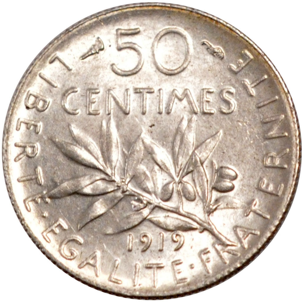 FRANCE, Semeuse, 50 Centimes, 1919, Paris, KM #854, MS(60-62), Silver, 18.1,...