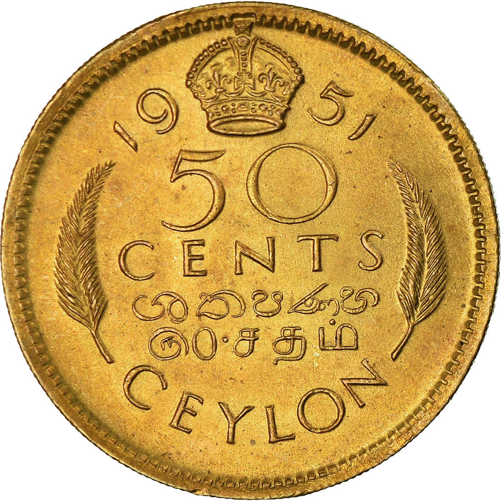 Coin, Ceylon, George VI, 50 Cents, 1951, AU(55-58), Nickel-brass, KM:123