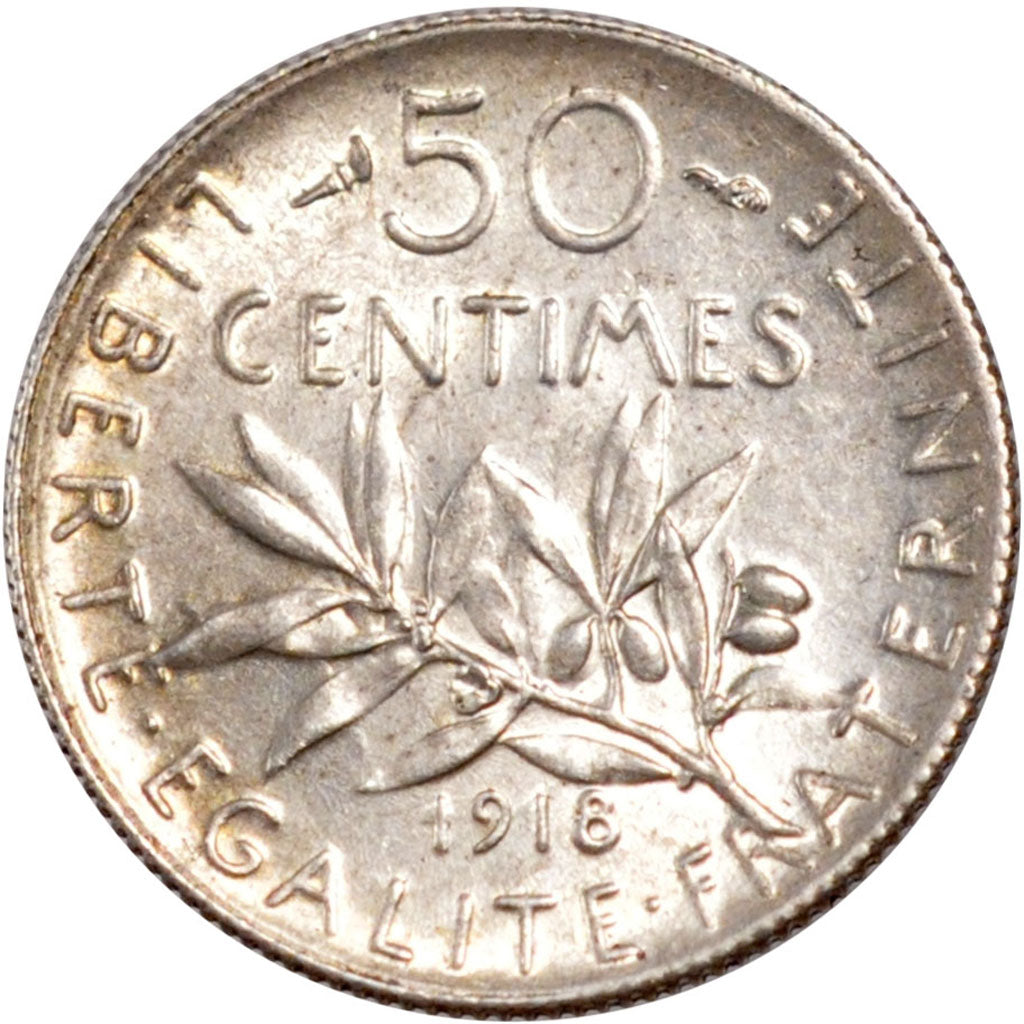 FRANCE, Semeuse, 50 Centimes, 1918, Paris, KM #854, MS(60-62), Silver, 18.1,...