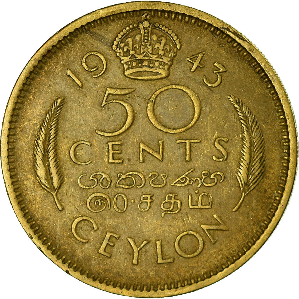 Coin, Ceylon, George VI, 50 Cents, 1943, EF(40-45), Nickel-brass, KM:116