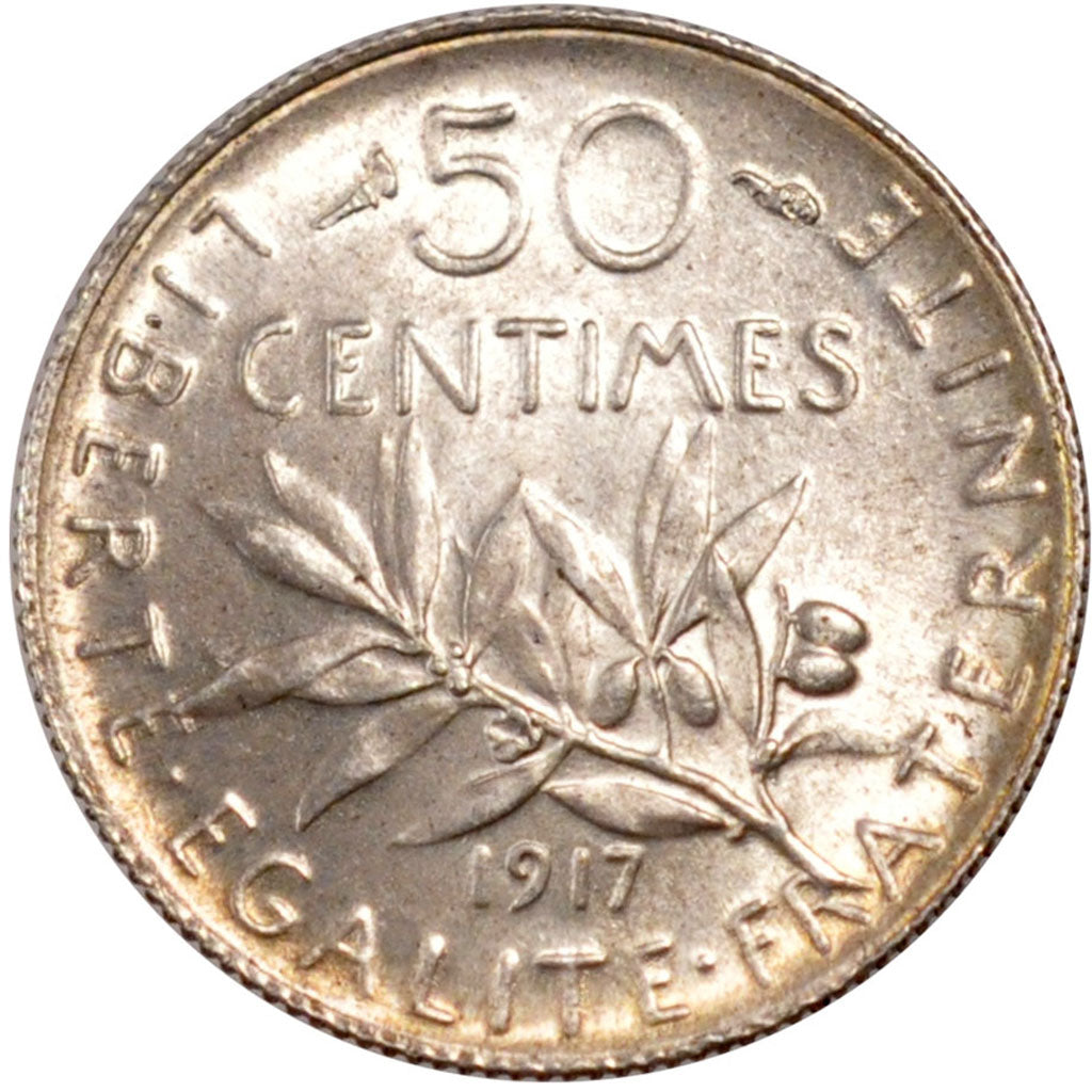 FRANCE, Semeuse, 50 Centimes, 1917, Paris, KM #854, MS(60-62), Silver, 18.1,...