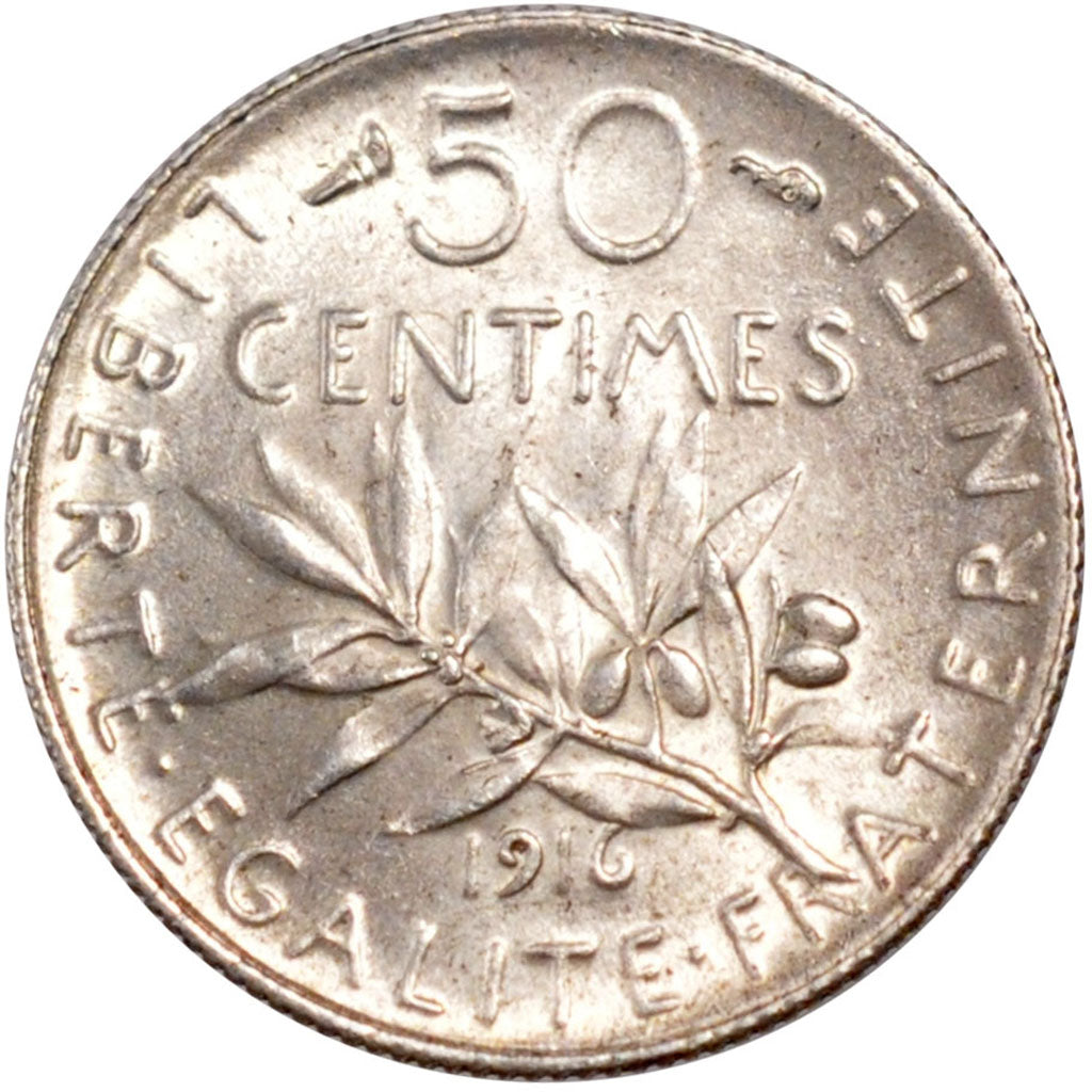 FRANCE, Semeuse, 50 Centimes, 1916, Paris, KM #854, MS(60-62), Silver, 18.1,...