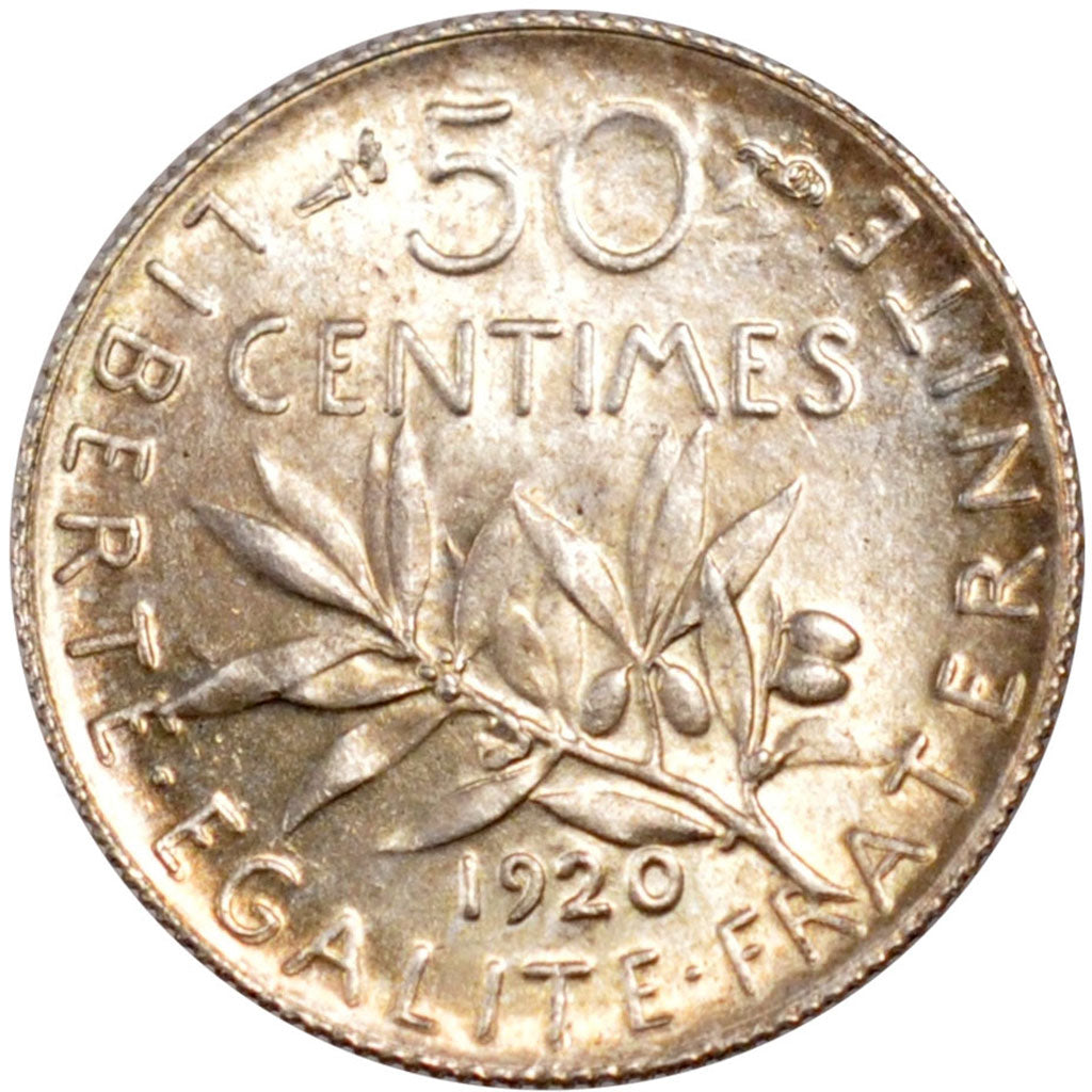 FRANCE, Semeuse, 50 Centimes, 1920, Paris, KM #854, MS(60-62), Silver, 18.1,...