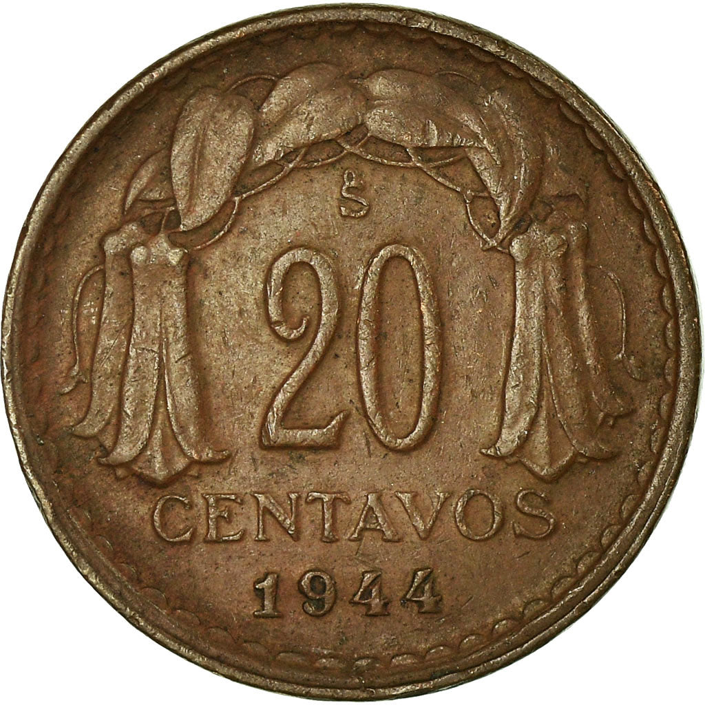 Moneta, Cile, 20 Centavos, 1944, BB, Rame, KM:177