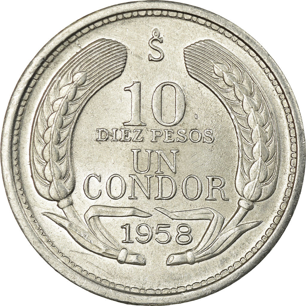 Coin, Chile, 10 Pesos, 1958, EF(40-45), Aluminum, KM:181