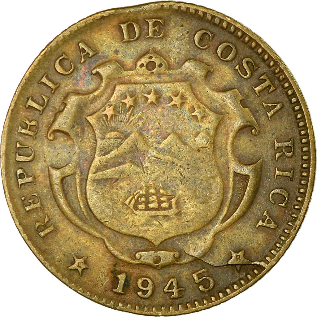 Moneda, Costa Rica, 25 Centimos, 1945, San Jose, BC+, Yellow Brass, KM:181