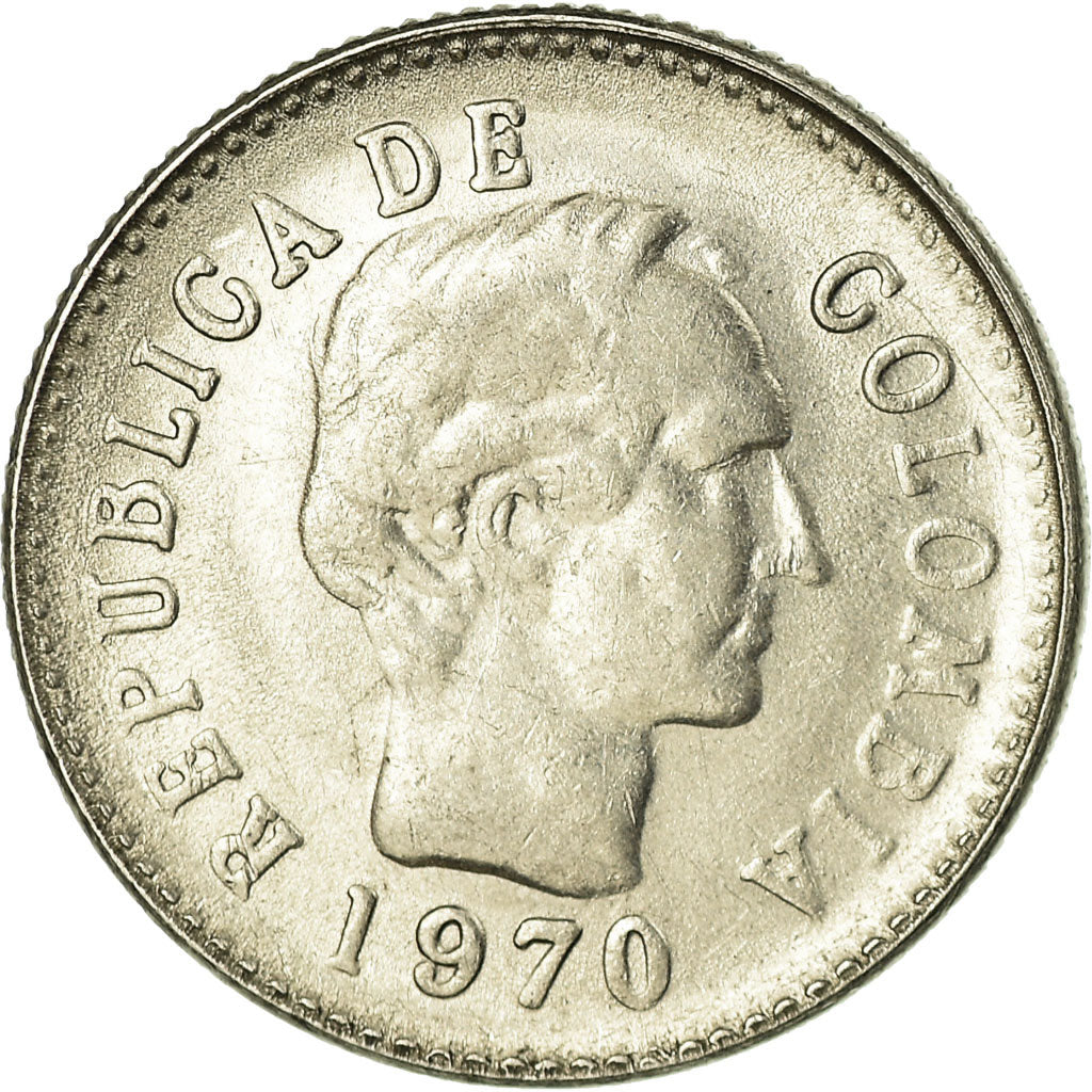 Moeda, Colômbia, 10 Centavos, 1970, EF(40-45), Aço Revestido a Níquel, KM:236