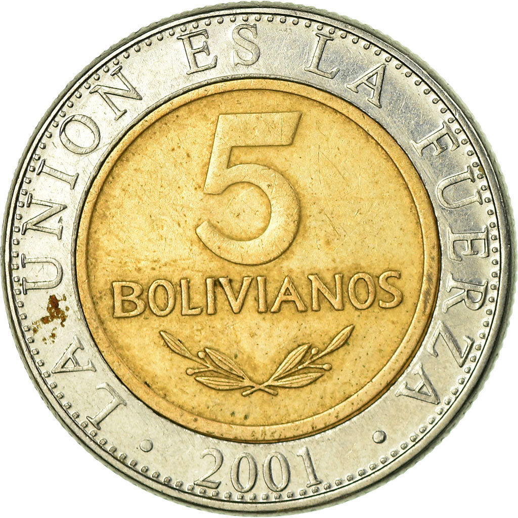Coin, Bolivia, 5 Bolivianos, 2001, EF(40-45), Bi-Metallic, KM:212