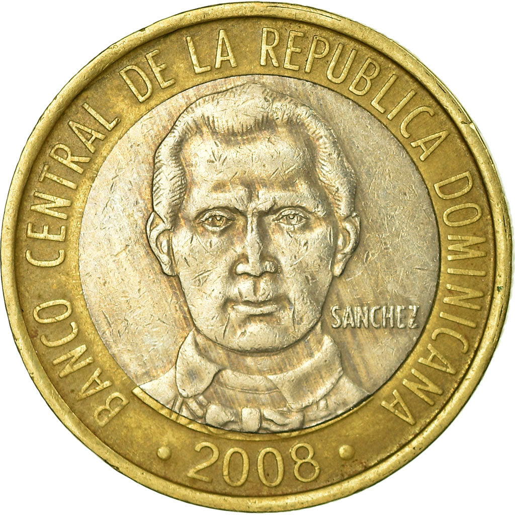 Moneta, Repubblica domenicana, 5 Pesos, 2008, BB, Bi-metallico, KM:89
