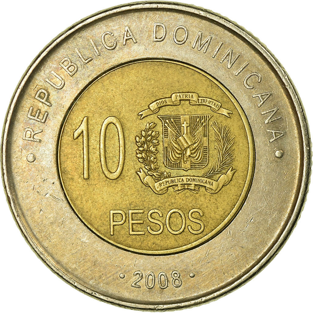 Munten, Dominicaanse Republiek, 10 Pesos, 2008, ZF, Bi-Metallic, KM:106