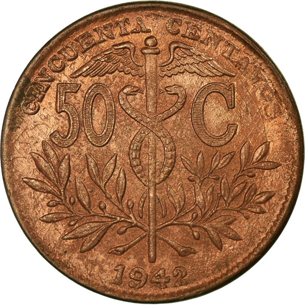 Coin, Bolivia, 50 Centavos, 1/2 Boliviano, 1942, EF(40-45), Bronze, KM:182a.1