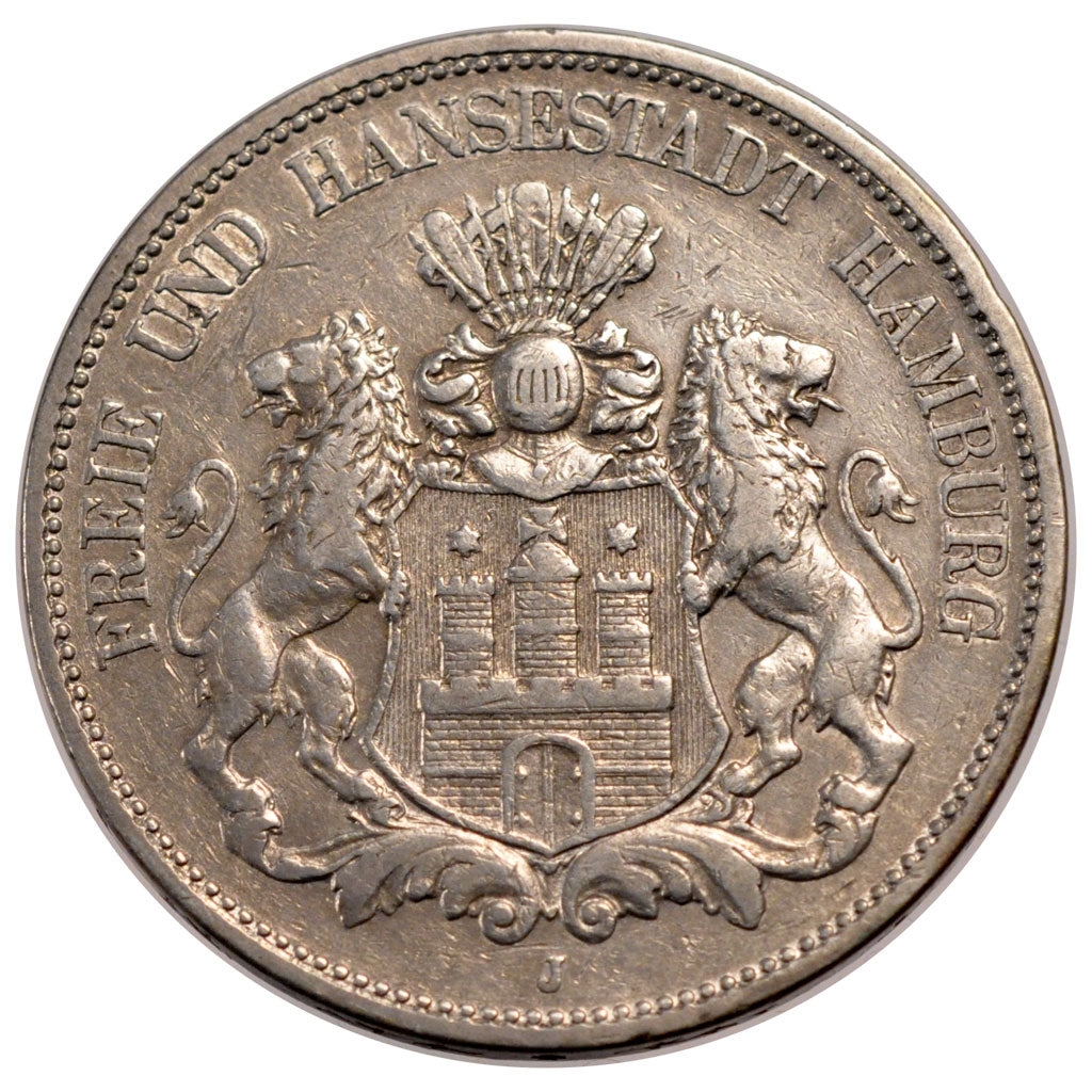 GERMAN STATES, 5 Mark, 1893, Hamburg, KM #610, EF(40-45), Silver, 38, 27.61