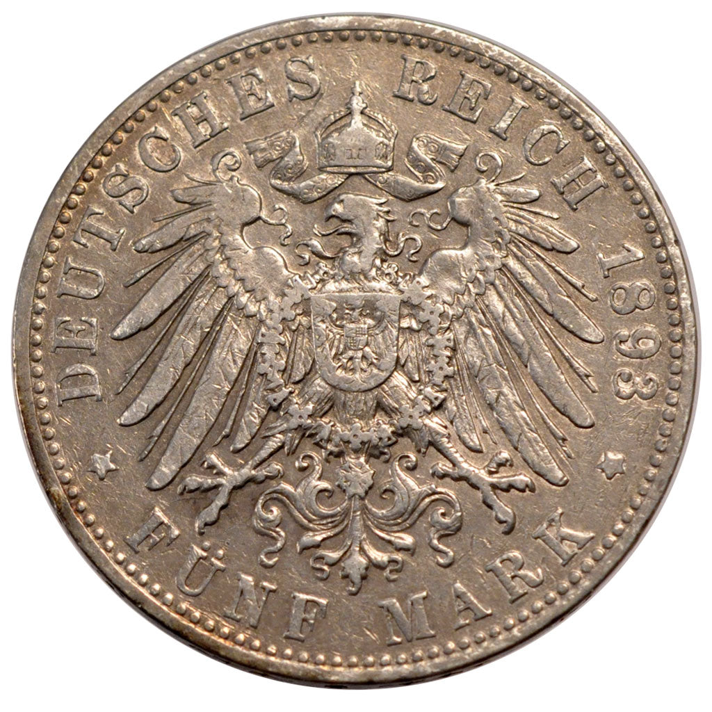 GERMAN STATES, 5 Mark, 1893, Hamburg, KM #610, EF(40-45), Silver, 38, 27.61