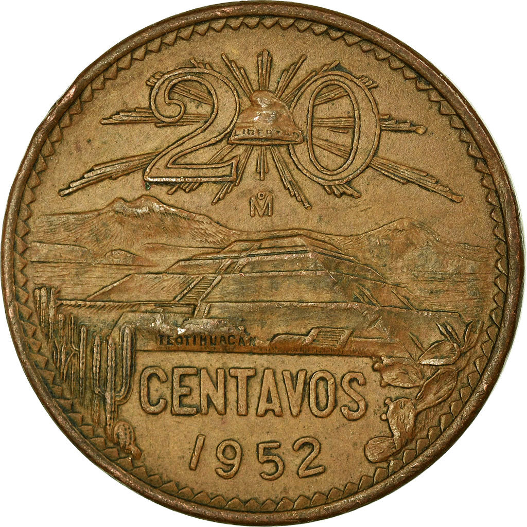Moneda, México, 20 Centavos, 1952, Mexico City, BC+, Bronce, KM:439