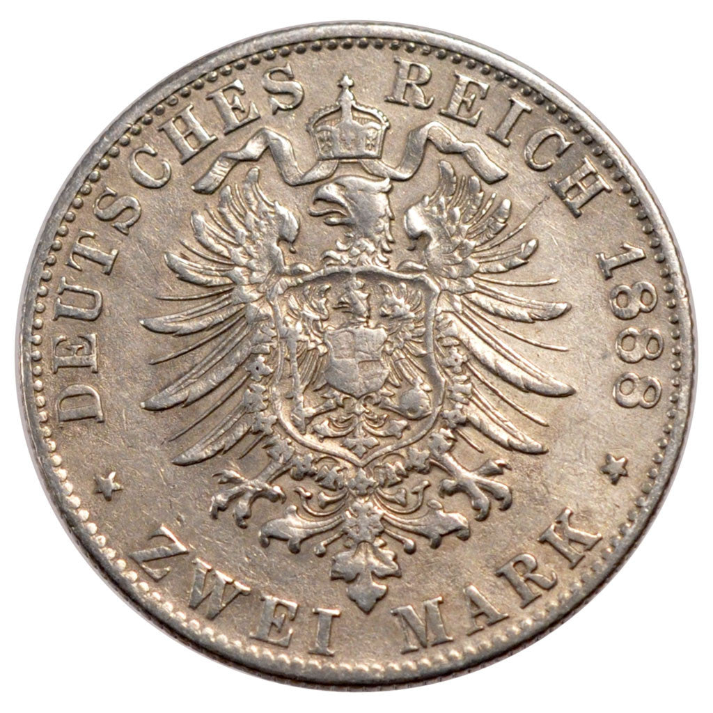 GERMAN STATES, 2 Mark, 1888, KM #604, AU(50-53), Silver, 11.04