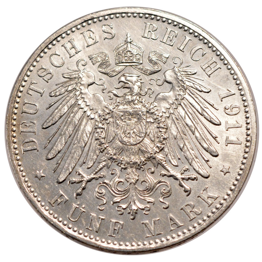 GERMAN STATES, 5 Mark, 1911, Munich, KM #999, AU(55-58), Silver, 38, 27.82