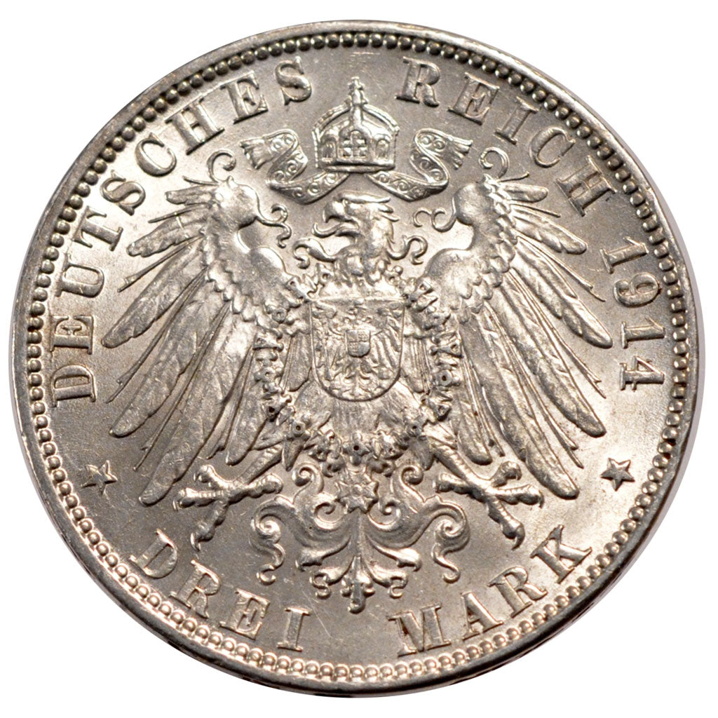 GERMAN STATES, 3 Mark, 1914, Hamburg, KM #620, AU(55-58), Silver, 33, 16.61