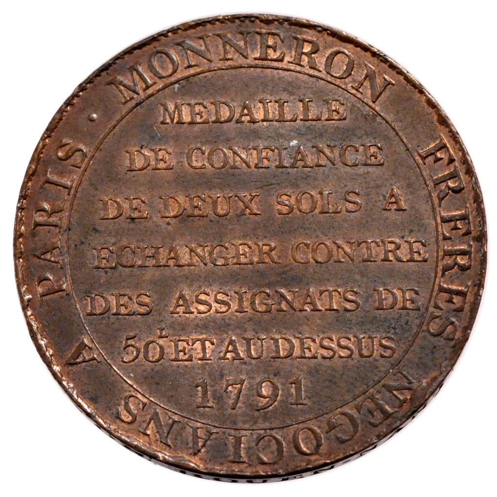 FRANCE, 2 Sols, 1791, Birmingham, AU(55-58), Bronze, Brandon #222, 17.30
