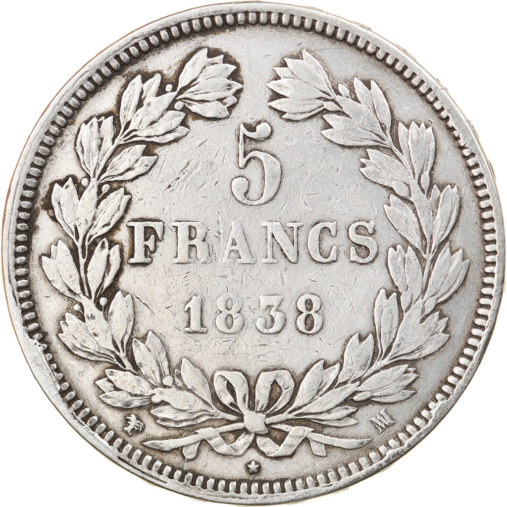 Moeda, França, Louis-Philippe, 5 Francs, 1838, Marseille, VF(30-35), Prata