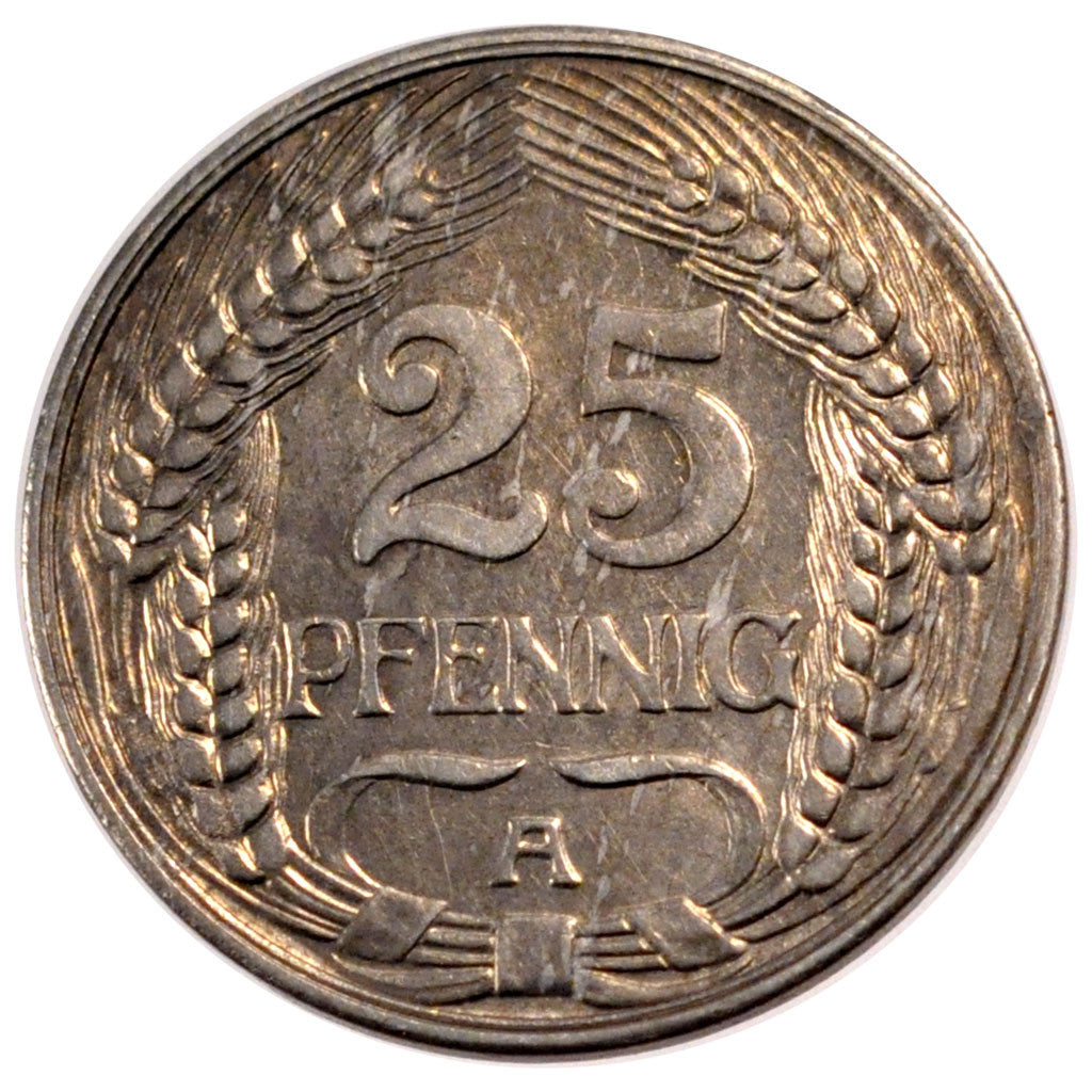 GERMANY - EMPIRE, 25 Pfennig, 1910, Berlin, KM #18, AU(55-58), Nickel, 23, 3.98