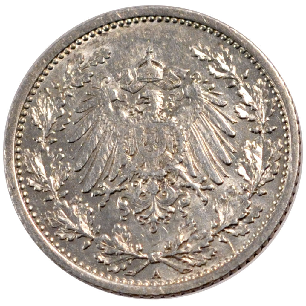 GERMANY - EMPIRE, 1/2 Mark, 1905, Berlin, KM #17, EF(40-45), Silver, 20, 2.76