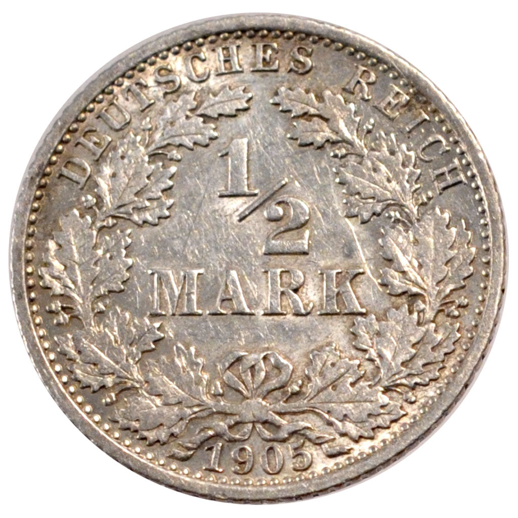 GERMANY - EMPIRE, 1/2 Mark, 1905, Berlin, KM #17, EF(40-45), Silver, 20, 2.76