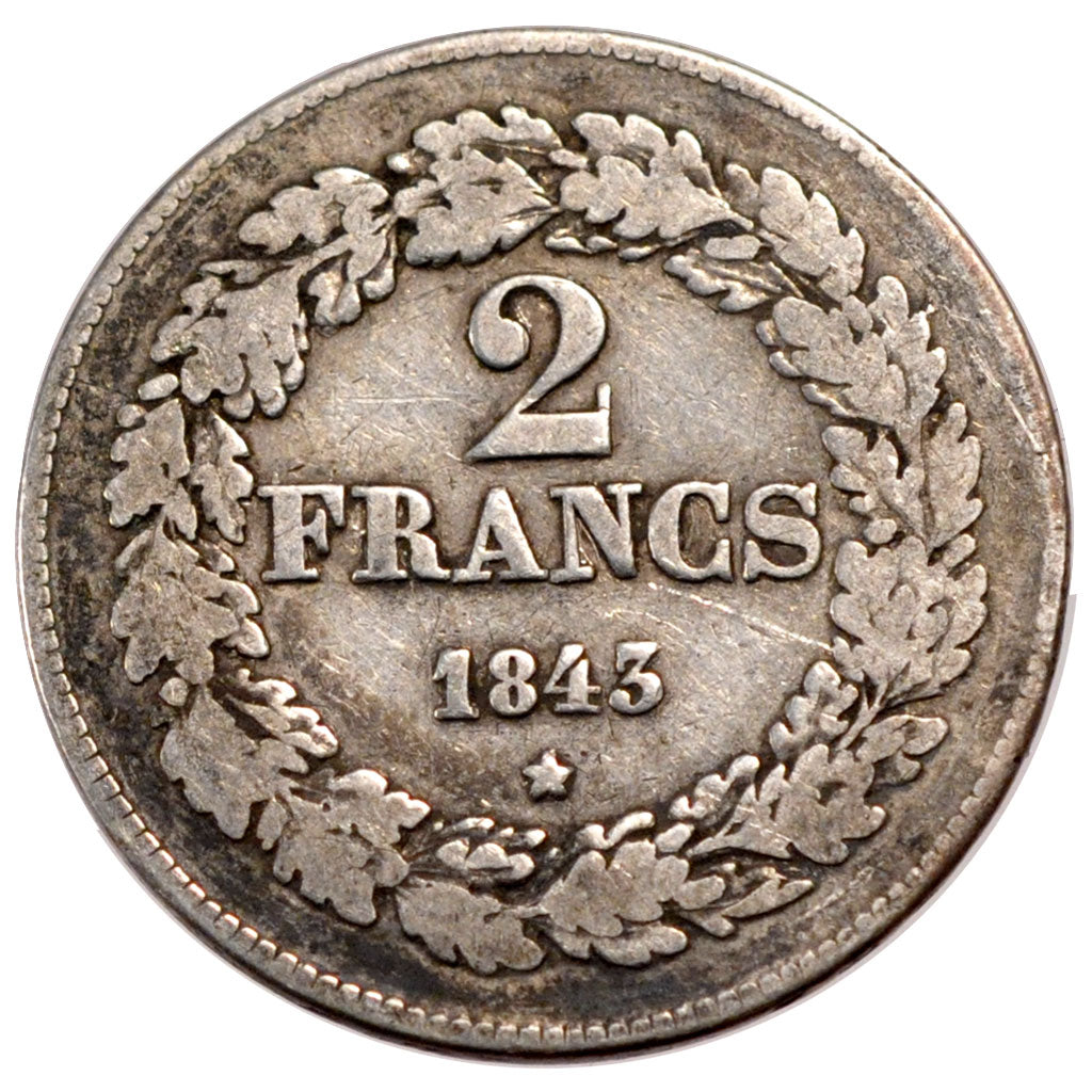 BELGIUM, 2 Francs, 2 Frank, 1843, KM #9.1, VF(20-25), Silver, 9.66