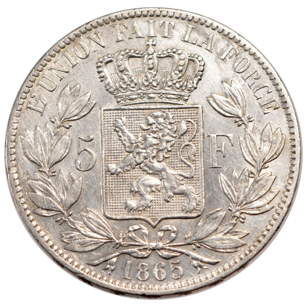 BELGIUM, 5 Francs, 5 Frank, 1865, KM #17, EF(40-45), Silver, 24.85