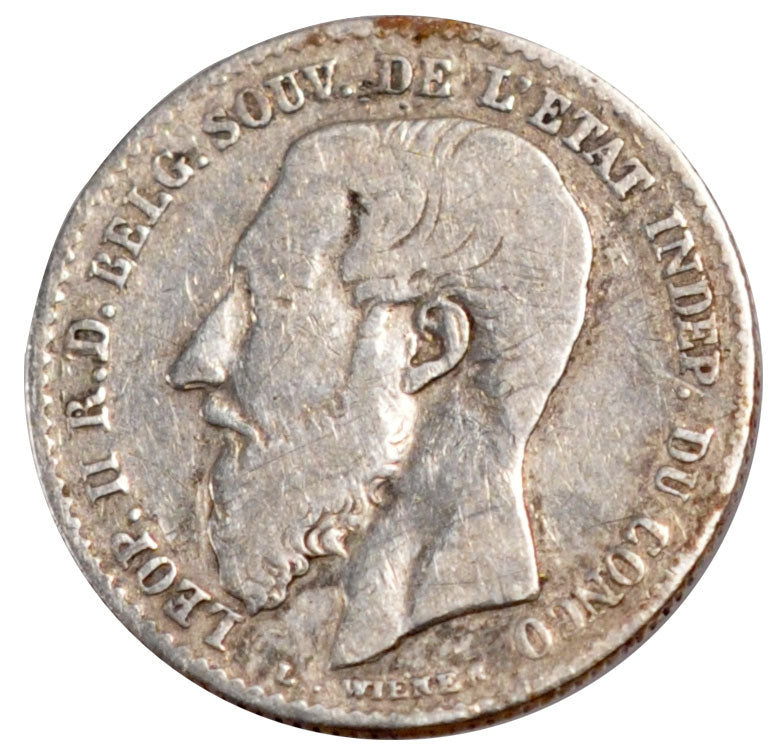Belgian Congo, 50 Centimes, 1887, VF(20-25), Silver, 2.41