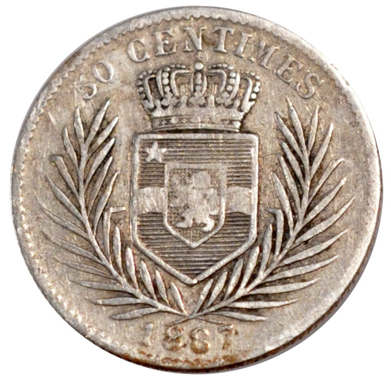 Belgian Congo, 50 Centimes, 1887, VF(20-25), Silver, 2.41