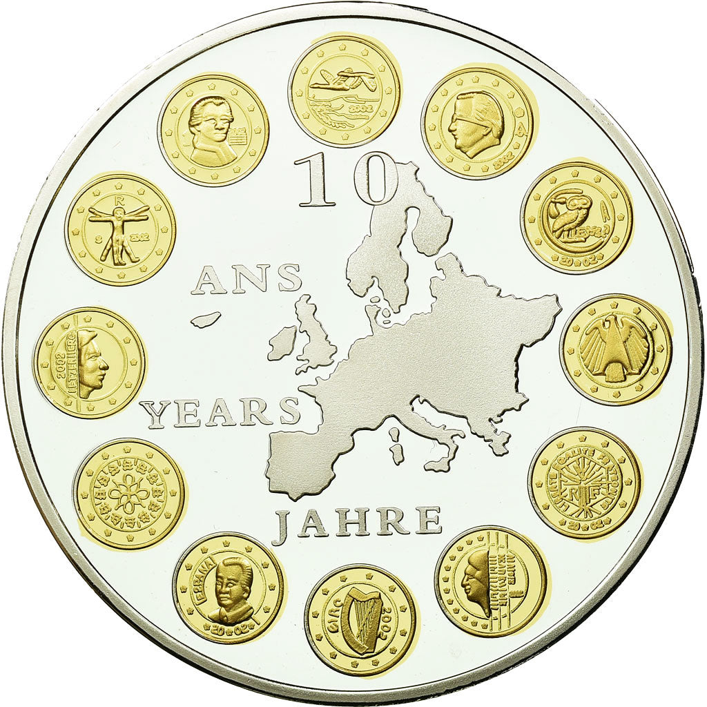 France, Medal, 10 ans de l'Euro, 2012, MS(65-70), Copper Plated Silver