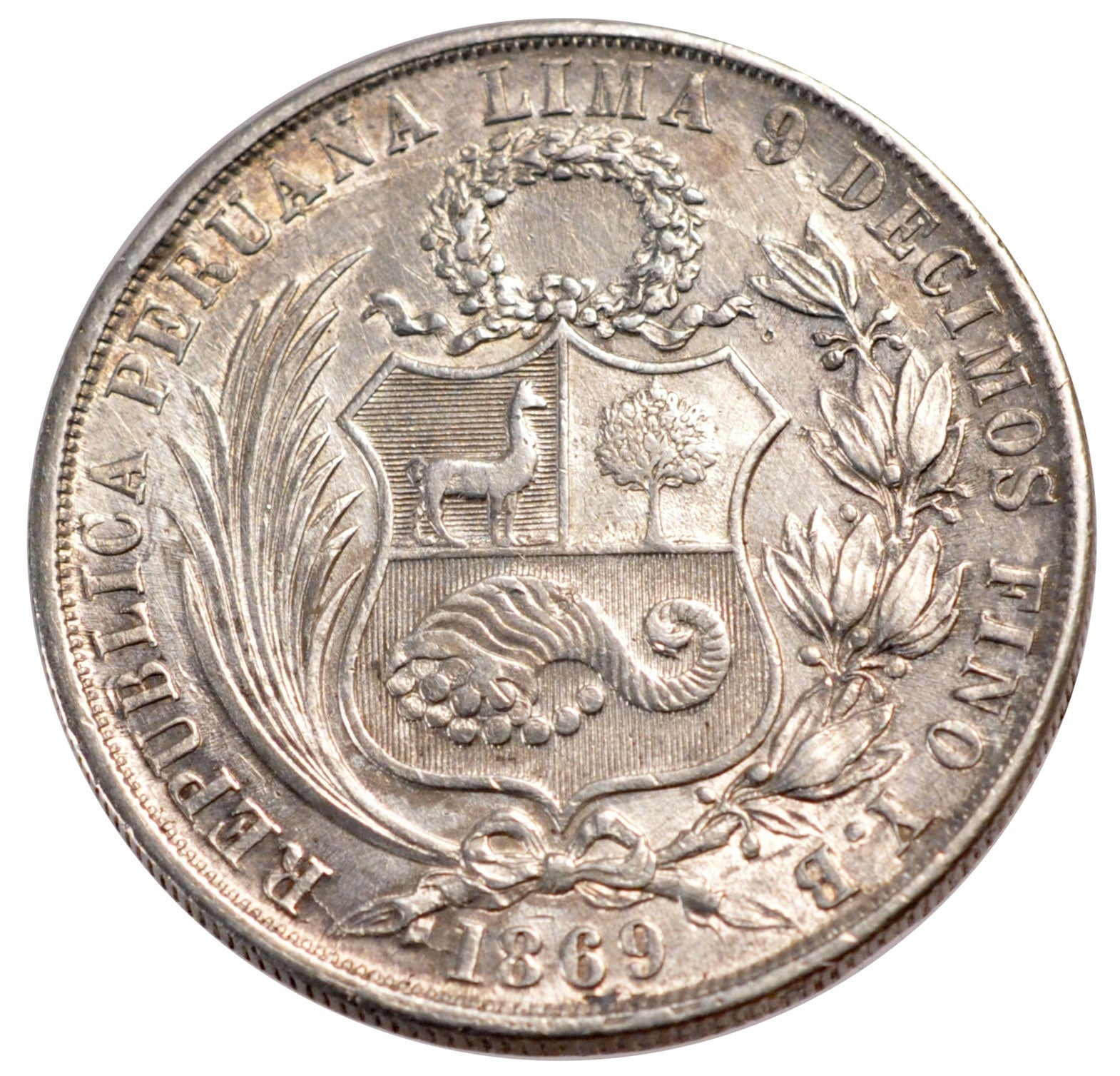 Peru, 1 Sol, 1869, AU(55-58), Silver, 24.95