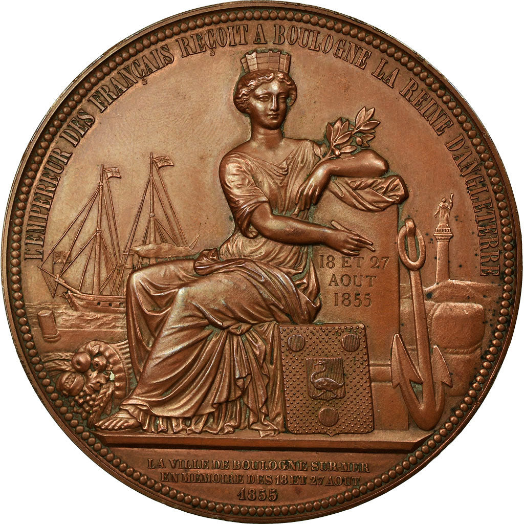 Francia, medalla, Napoleon III reçoit la Reine d'Angleterre à Boulogne, 1855