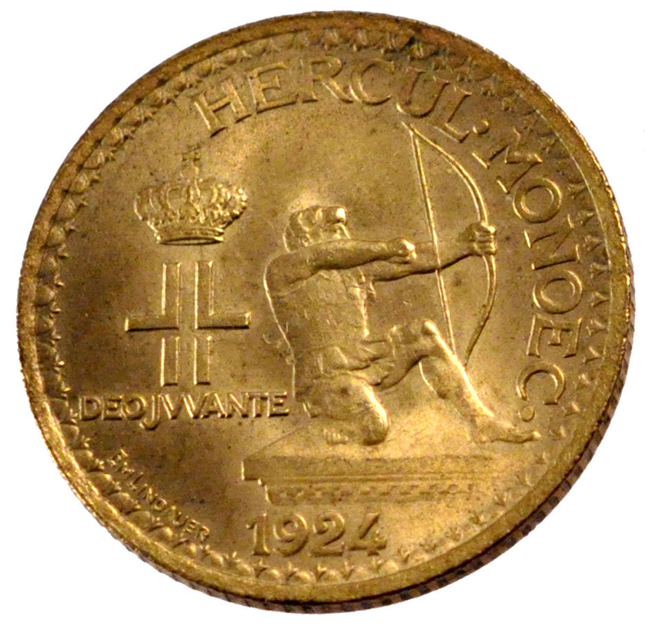 MONACO, Franc, 1924, Poissy, KM #111, MS(60-62), Aluminum-Bronze, Gadoury #127,.