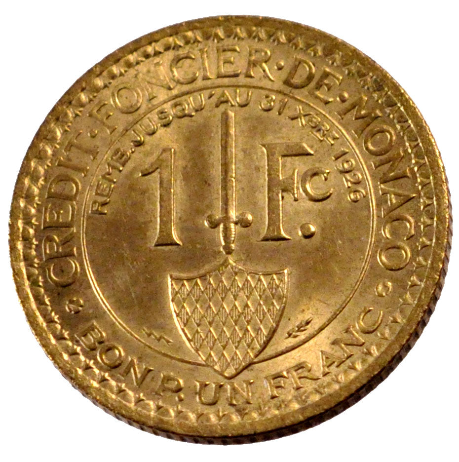 MONACO, Franc, 1924, Poissy, KM #111, MS(60-62), Aluminum-Bronze, Gadoury #127,.