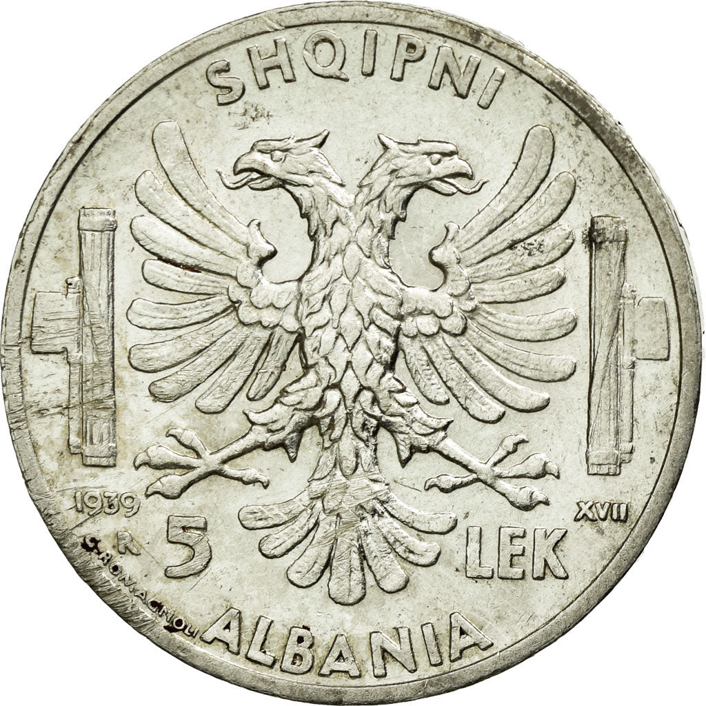 Coin, Albania, Vittorio Emanuele III, 5 Lek, 1939, Rome, MS(60-62), Silver