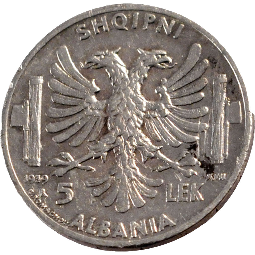 ALBANIA, 5 Lek, 1939, Rome, KM #33, EF(40-45), Silver, 4.97