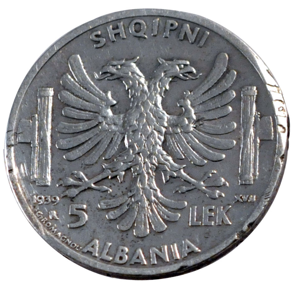 ALBANIA, 5 Lek, 1939, Rome, KM #33, VF(30-35), Silver, 4.98