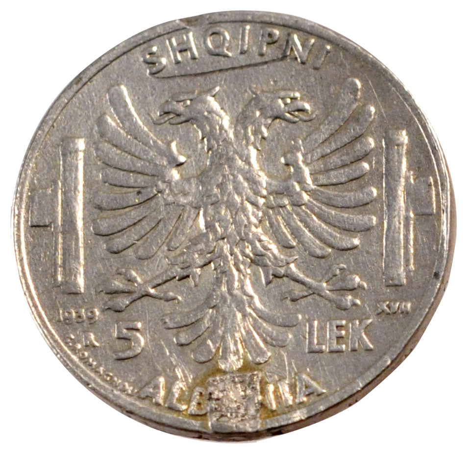 Albania, 1 Lek, 1939, Roma, VF(20-25), Silver, 4.96