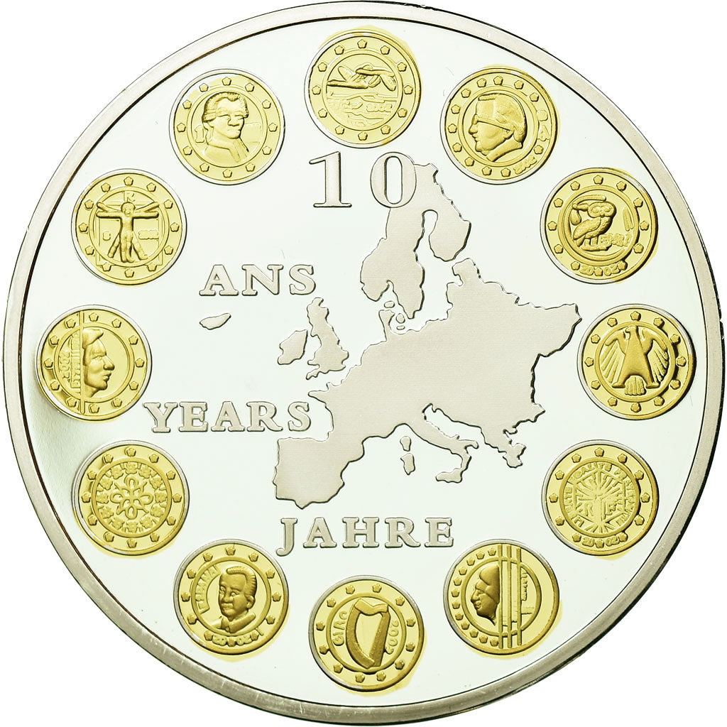 France, Medal, 10 ans de l'Euro, MS(65-70), Silvered bronze