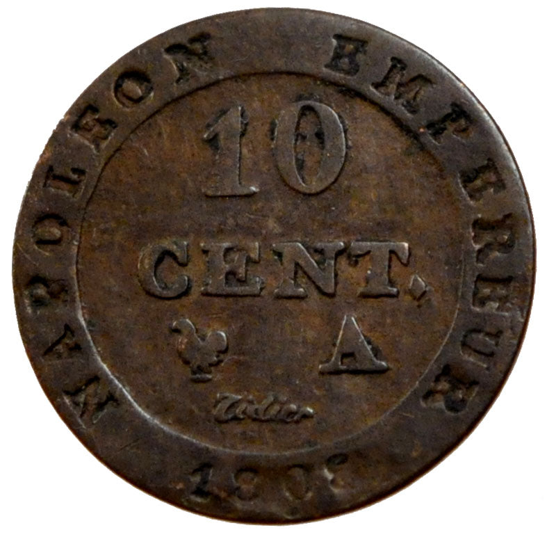 FRANCE, Napoléon I, 10 Centimes, 1808, Paris, KM #676.1, EF(40-45), Billon, G...