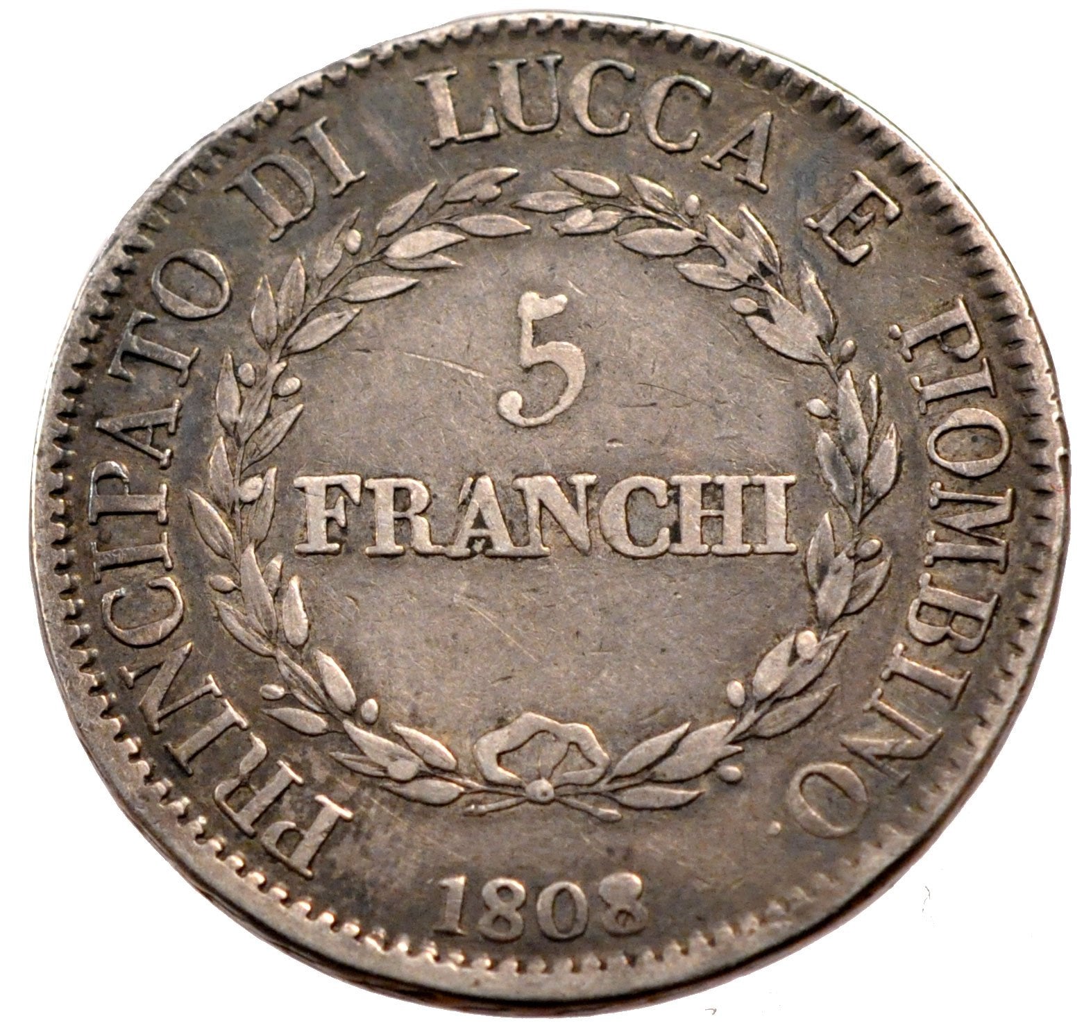 ITALIAN STATES, 5 Franchi, 1808, Firenze, KM #24.3, VF(30-35), Silver, 37, 24.59