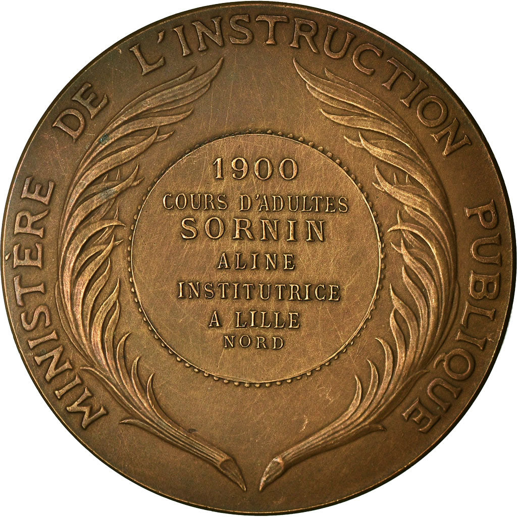France, Medal, Instruction Publique, Cours d'adultes, Lille, 1900, Dubois.A