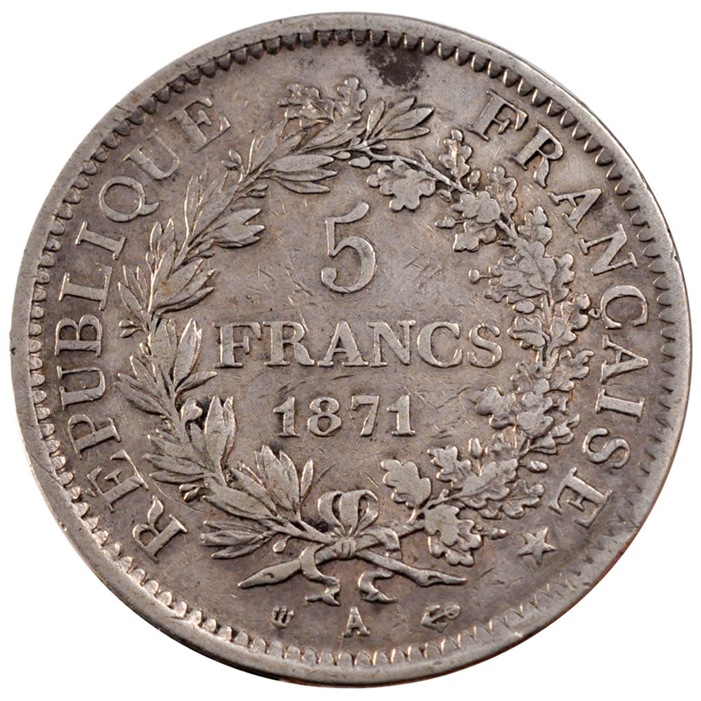 FRANCE, Hercule, 5 Francs, 1871, Paris, KM #823, EF(40-45), Silver, Gadoury...
