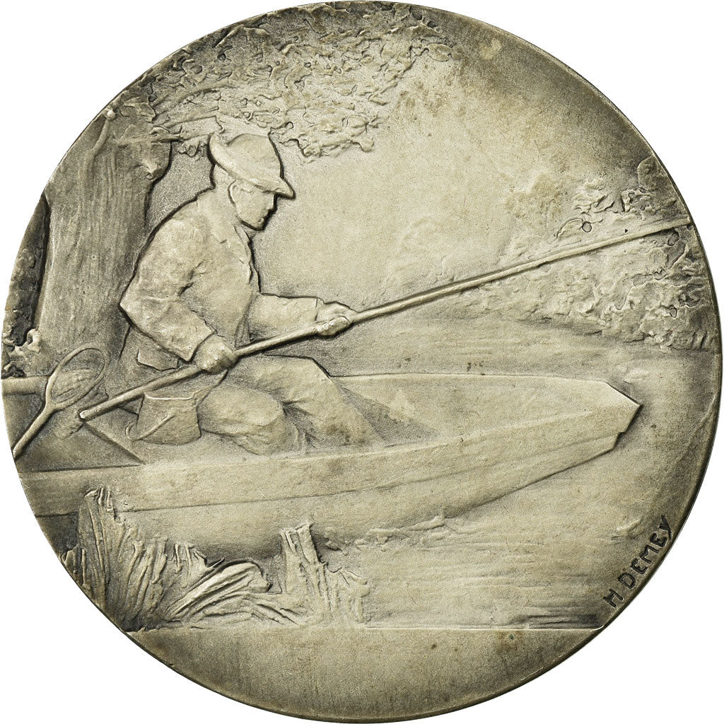 Frankreich, Medaille, Art Nouveau, Pêcheur sur l'Eau, Demey, UNZ, Silvered
