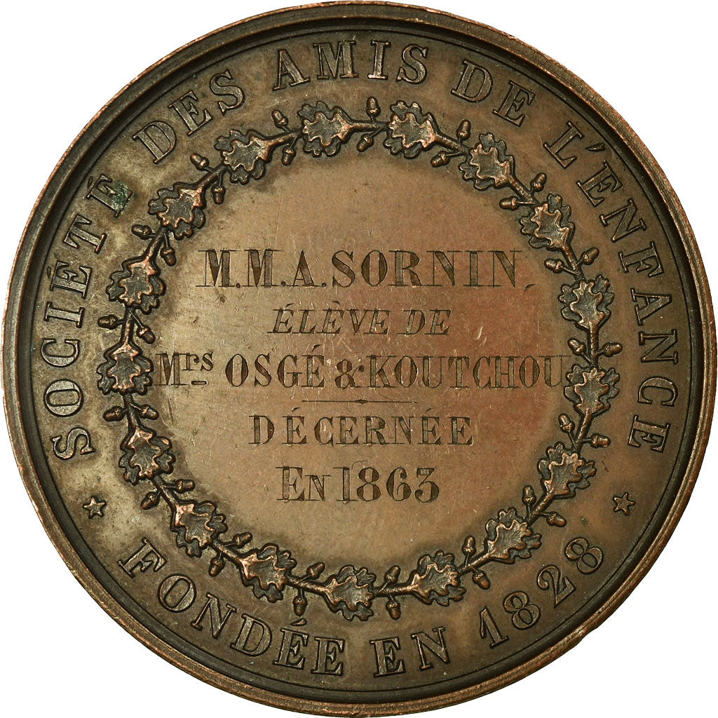 France, Medal, Education, Société des Amis de l'Enfance, 1863, Caqué