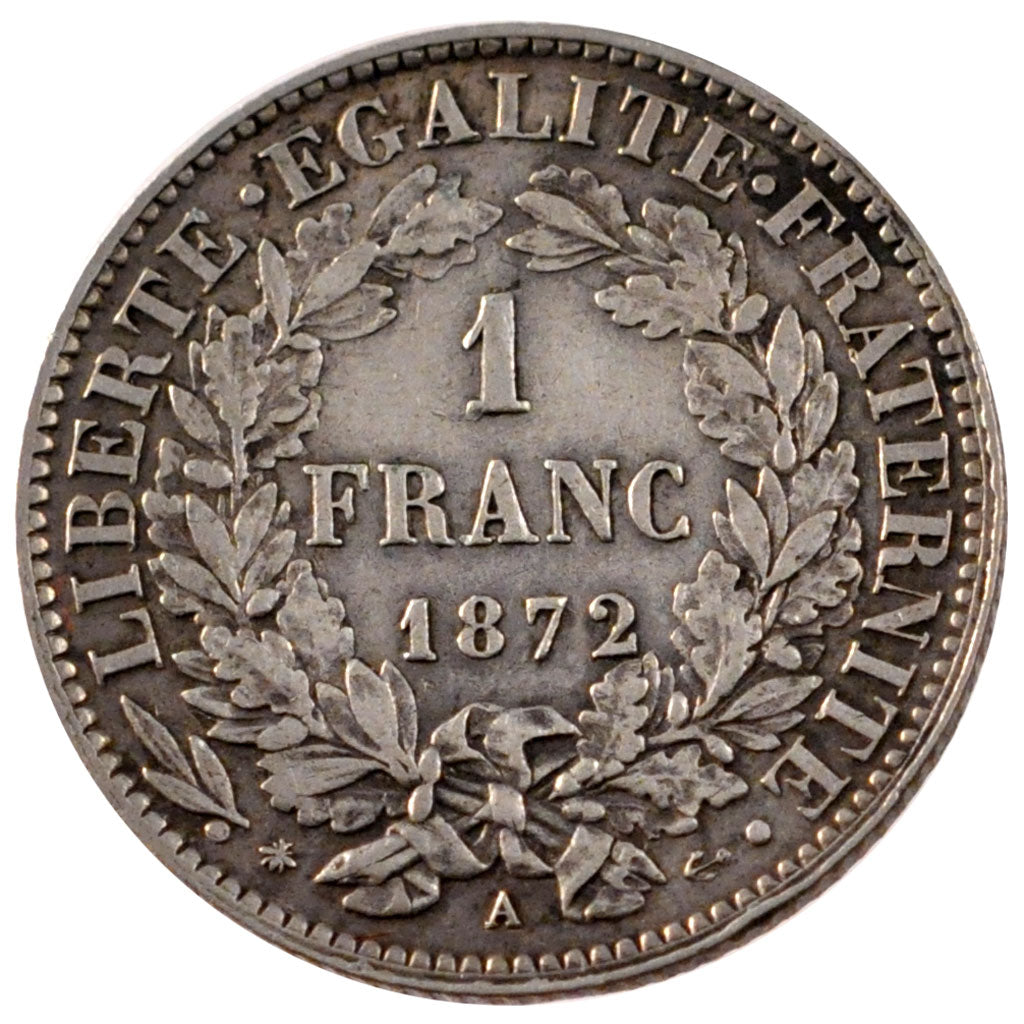 FRANCE, 1 Franc, 1872, Paris, AU(50-53), Silver, Gadoury #465a, 4.97